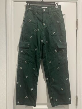 PacSun Dark Green Corduroy Cargo Pants with Embroidered Dice Motif